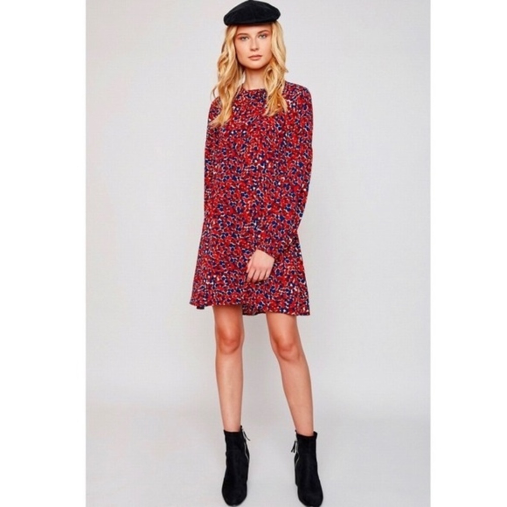 Hayden long sleeve tie neck navy red and white dot print shift dress size large